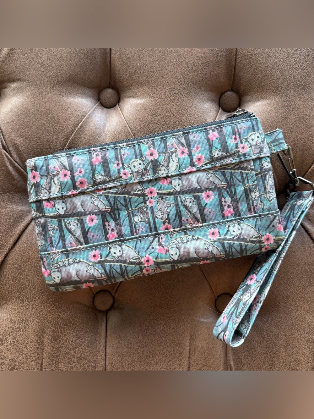 Sipsey Wilder Blue Floral and Possum Wristlet Wallet - Picture 2 of 4